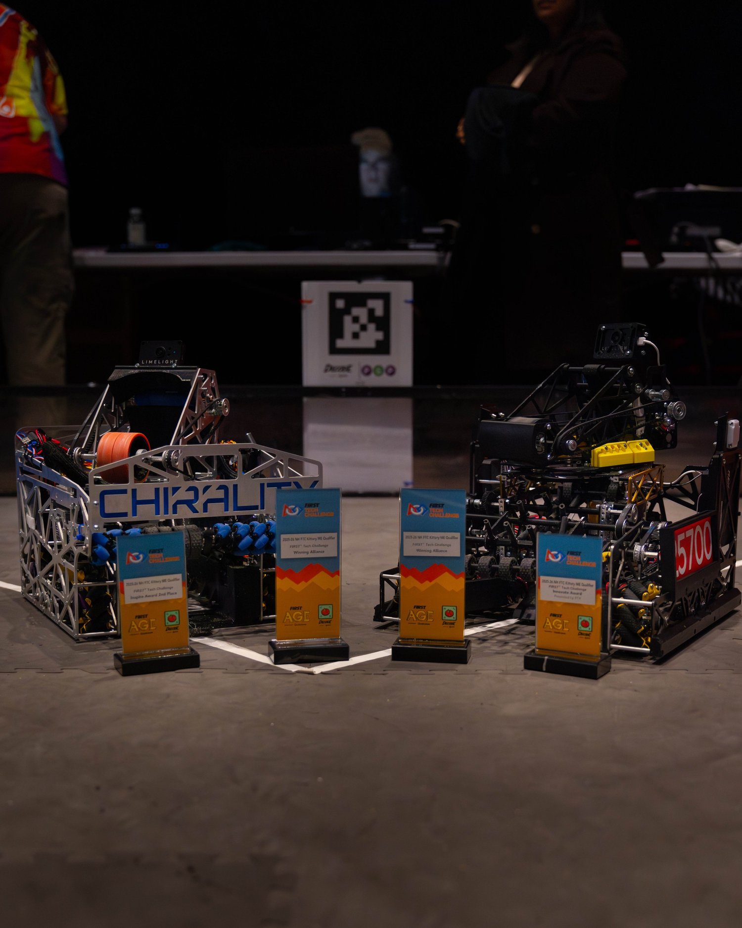 Two alliance robots lined up during eliminations